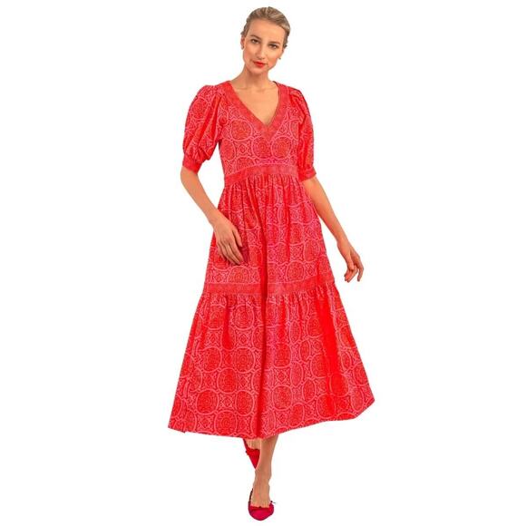 NWT Gretchen Scott Viviers Sultan's red pattern puff sleeve midi dress SIZE L - Picture 2 of 7